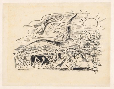 Twee vogels vliegen over een landschap met vee door Leo Gestel (signed by artist)