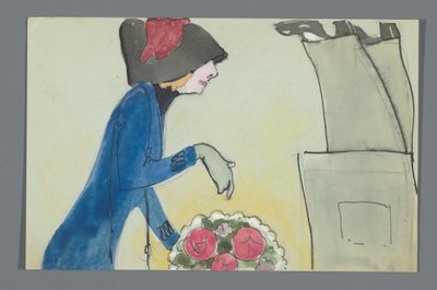 Postkarte mit einer Zeichnung des Unterkörpers von Leo Gestel und Oberkörpers von An Overtoom mit Blumenstrauß door Leo Gestel
