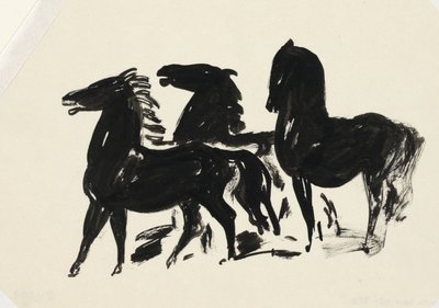 Drie zwarte paarden staand naar links kijkend door Leo Gestel