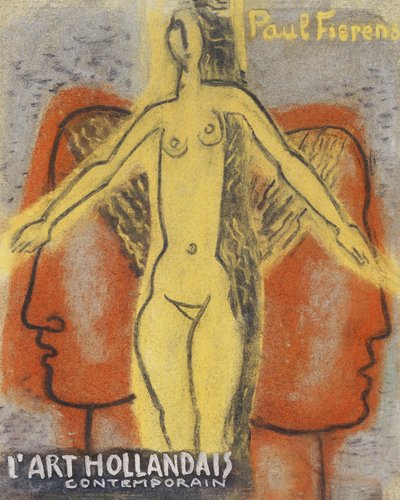Naakte Vrouw Tussen Twee Van Elkaar Weg Kijkende Mannen Hoofden (1933) By Leo Gestel. door Leo Gestel