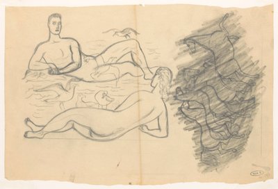 Naakte man en vrouw aan het strand, omringd door zeemeeuwen door Leo Gestel