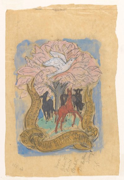 Ontwerptekening voor een gelukwens bij de geboorte van Juliana Bellaar Spruyt door Leo Gestel