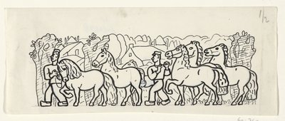 Twee boeren leiden hun paarden door een dorp door Leo Gestel