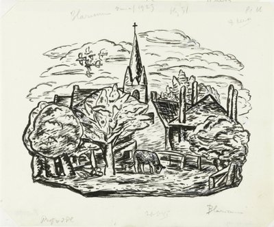 Zonder titel (Gezicht op dorp Blaricum met grazende koe) door Leo Gestel
