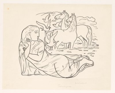Vrouw liggend aan het strand met twee paarden en enkele zeemeeuwen door Leo Gestel