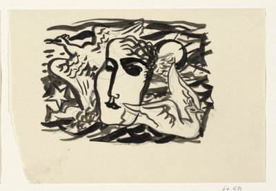 Vrouwenhoofd en meeuwen met op de achtergrond de zee door Leo Gestel