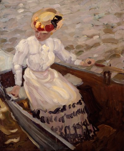 Een elegante dame in een roeiboot door Leo Putz