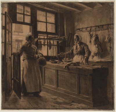 Interieur van een slagerij, ca 1881 (houtskool en zwart krijt gehoogd met wit krijt) door Leon Augustin Lhermitte