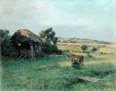 Landschap met een Boerin die een Koe Melkt, midden jaren 1880 door Leon Augustin Lhermitte