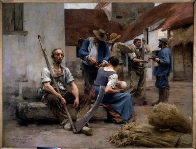 De loonlijst van boerenoogsters op een boerenerf, een van hen houdt een zeis vast door Leon Augustin Lhermitte