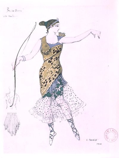 Anna Pavlova verkleed als Diana door Leon Bakst