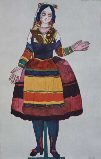 Italiaanse pop. Kostuumontwerp voor het ballet De Magische Speelgoedwinkel door G. Rossini door Leon Bakst