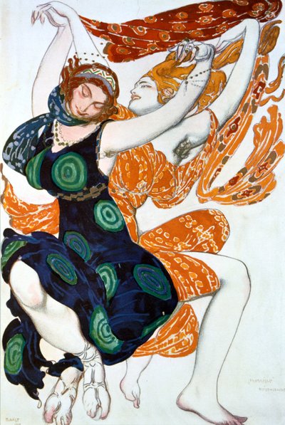 Twee Bacchanten, kostuumontwerp voor een Ballets Russes productie van Tcherepnins Narcisse, 1911 door Leon Bakst