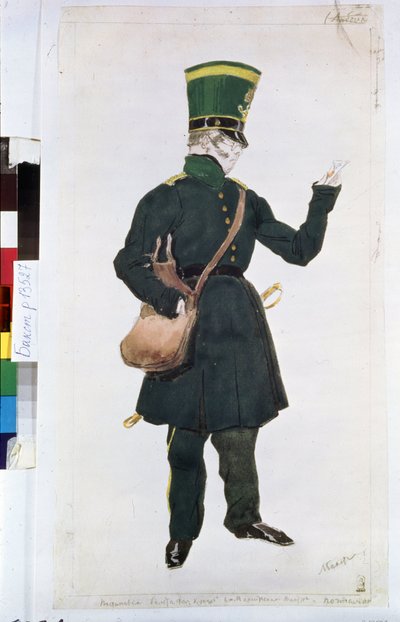 Het postkostuum voor het ballet "La fee des poupees" geregisseerd door Joseph Bayer (1852-1913) door Leon Bakst