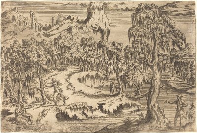 Landschap met een Vrouw die Vlucht bij het Zien van een Soldaat door Leon Davent