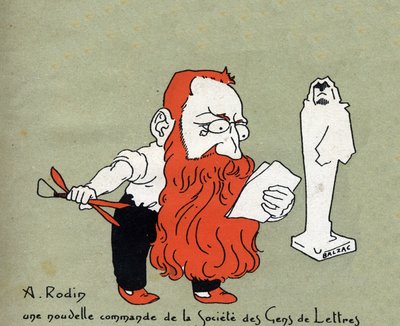 Cartoon door Auguste Rodin met een nieuwe opdracht van de Societe des gens de lettres (Beeldhouwwerk door Balzac) - Illustratie door Leon Lebegue - Gravure in 