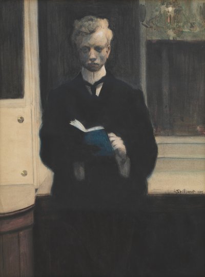 Zelfportret met blauw schetsboek door Leon Spilliaert