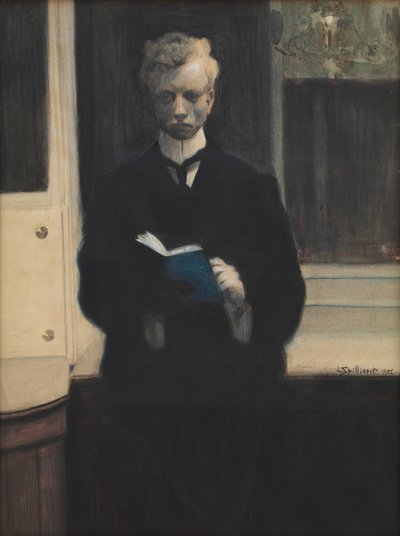 Zelfportret met blauw schetsboek door Leon Spilliaert