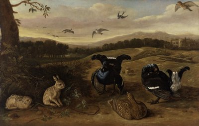 Zwart wild, konijnen en zwaluwen in een park, ca. 1700 door Leonard Knyff