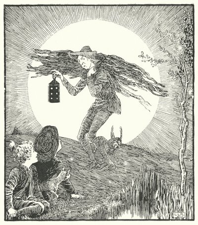De man in de maan, kwam naar beneden tuimelen (gravure) door Leonard Leslie Brooke