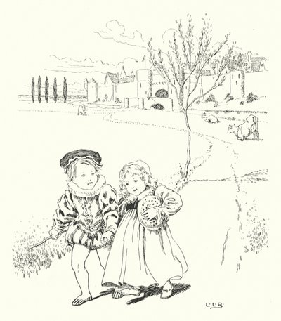 Naar de markt, naar de markt, om een pruimenbroodje te kopen (gravure) door Leonard Leslie Brooke