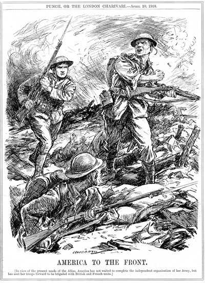 Amerikaanse versterkingen om de geallieerde troepen te helpen voordat het hoofdleger van de VS arriveerde, Eerste Wereldoorlog, 1918 door Leonard Raven Hill