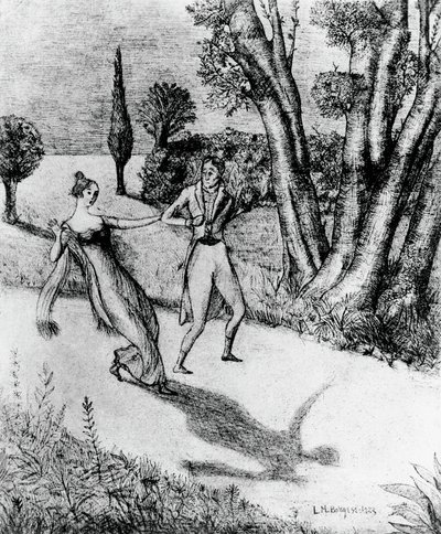 Peter, angstaanjagende schaduwloze man, illustratie bij Het wonderbaarlijke verhaal van Peter Schlemihl, novelle van Adalbert von Chamisso (1781-1838), litho naar schilderij van Leonardo Borgese (1904-1986), uitgegeven door Modiano door Leonardo Borgese