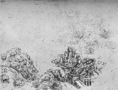 Een overstroming die een vallei binnendringt door Leonardo da Vinci