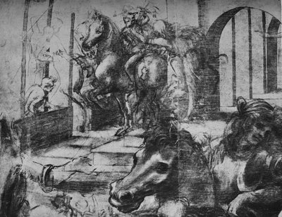 Aanbidding der Wijzen (architectuur en figuren op de achtergrond links) door Leonardo da Vinci