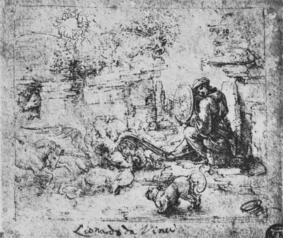 Allegorie: Dieren vechten en een man met een brandglas, c1480 1945 door Leonardo da Vinci