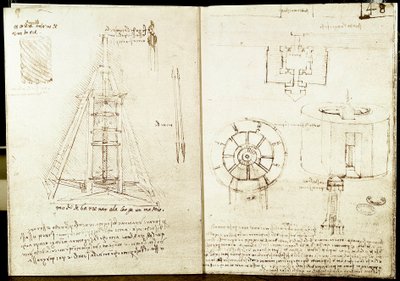 Architectuur en militaire kunst: linkerpagina: slak. Slaktrap rond een toren. Boren van een balk. Rechterpagina: ingang van een versterkte stad. Plan en elevatie van een ronde toren versterkt aan zee. Manuscript door Leonardo da Vinci (1452-1519) door Leonardo da Vinci