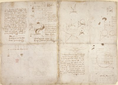 Notities en diagrammen over mechanica; notities en schematische schetsen over rivierlopen en waterstromen, uit 