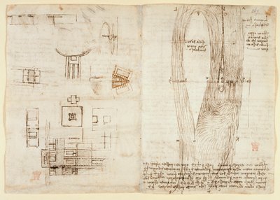 Tekeningen over mechanische krachten en krachten, percussie, zwaartekracht, beweging, optica en astronomie, met verschillende rekenkundige en geometrische stellingen door Leonardo da Vinci