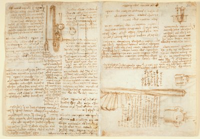 Arundel 263 f.269v, f.264 Notities en schets van een hydraulisch apparaat, uit 