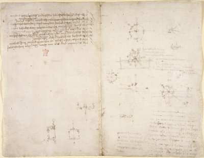 Tekeningen over de mechanische krachten en krachten, percussie, zwaartekracht, beweging, optica en astronomie, met verschillende rekenkundige en geometrische stellingen door Leonardo da Vinci