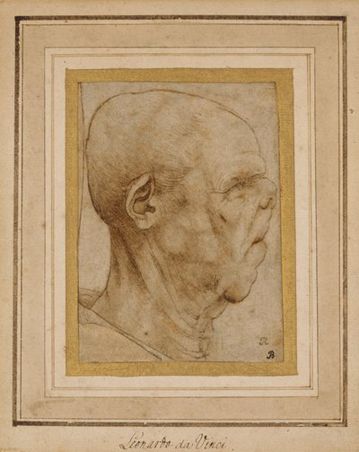 Karikatuur van het hoofd van een oude man, in profiel naar rechts door Leonardo da Vinci