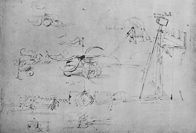 Strijdwagens Gewapend met Zeisen en Vlegels en Ruiter met Drie Lansen, ca. 1480, 1945 door Leonardo da Vinci
