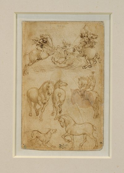 Twee ruiters in gevecht met een draak; een ruiter en twee paarden; een hond en een paard ... door Leonardo da Vinci