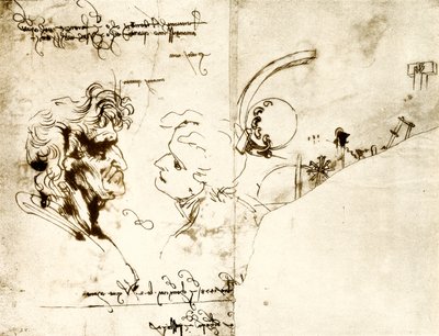 Ontwerpen van twee mannelijke hoofden door Leonardo da Vinci
