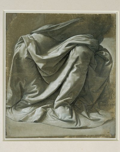 Draperie voor een zittende figuur, penseel en grijze tempera, wit gehoogd op grijs geprepareerd linnen doek ... door Leonardo da Vinci