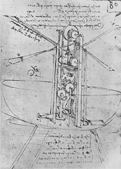 Tekening van een vliegmachine met een man die het bedient, ca. 1480 door Leonardo da Vinci