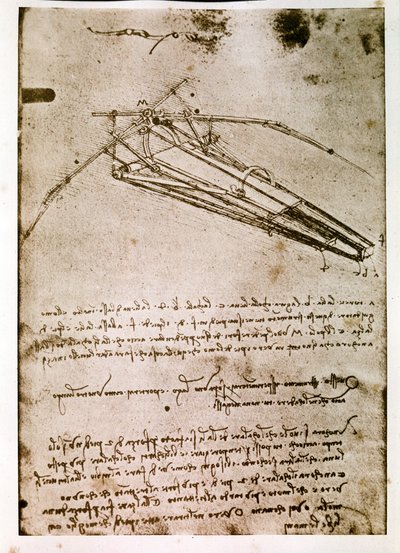 Fragment uit een Da Vinci manuscript dat het principe en de constructie van een "vliegende machine" beschrijft (manuscript) door Leonardo da Vinci