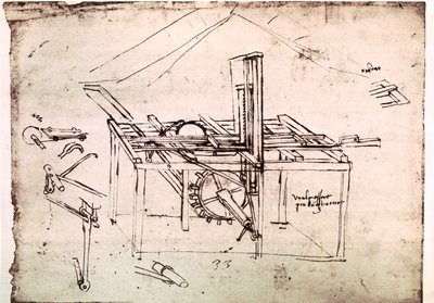 Uittreksel uit een Da Vinci Manuscript dat het principe en de constructie beschrijft van een "Hydraulische zaag met automatische doorvoer" (manuscript) door Leonardo da Vinci