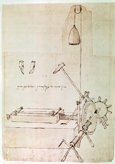 Uittreksel uit een Da Vinci Manuscript waarin het principe en de constructie van een "Machine voor het inspringen van vijlen" wordt beschreven (manuscript) door Leonardo da Vinci