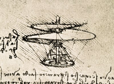 Fragment uit een Da Vinci manuscript dat het principe en de constructie van de "Aerial Screw (Helicopter)" beschrijft (manuscript) door Leonardo da Vinci