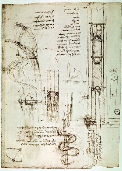 Fragment uit een Da Vinci Manuscript dat het principe en de constructie van een "Pile Drive (Pile Mallet)" beschrijft (manuscript) door Leonardo da Vinci