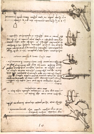 Fragment uit een Da Vinci Manuscript dat het principe en de constructie beschrijft van een "Machine voor het vervaardigen van holle spiegels" (manuscript) door Leonardo da Vinci