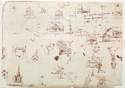 Fragment uit een Da Vinci manuscript dat het principe en de constructie beschrijft van een "Boot met Aandrijving door Wielen" (manuscript) door Leonardo da Vinci