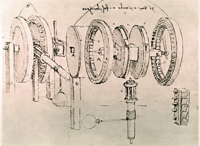 Fragment uit een Da Vinci manuscript dat het principe en de constructie beschrijft van de "Transformatie van Afwisselende Beweging in Continue Beweging" (manuscript) door Leonardo da Vinci