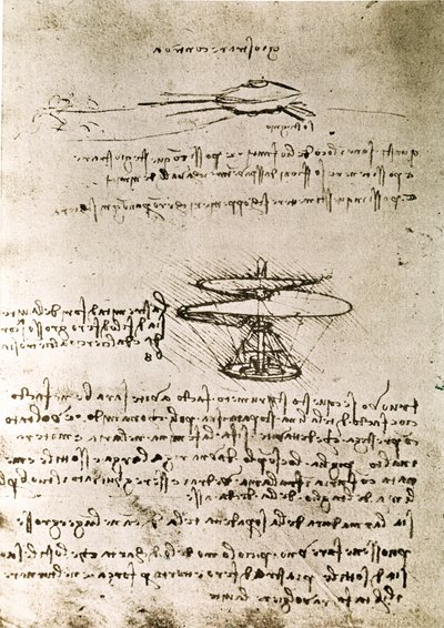 Fragment uit een Da Vinci manuscript dat het principe en de constructie van de "Aerial Screw (Helicopter)" beschrijft (manuscript) door Leonardo da Vinci